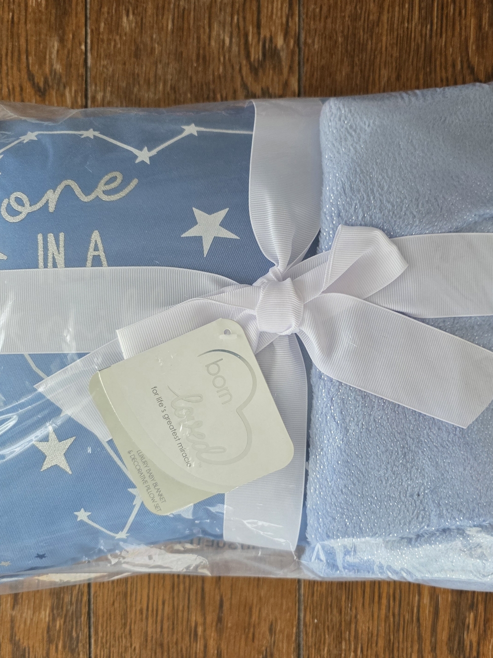 Born Loved Blue Luxury Blanket & Baby Pillow Set Wrapped in a White Ribbon